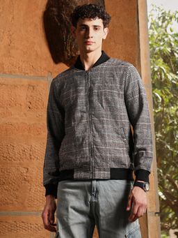 Campus Sutra - Men's Midnight Black and Sky Blue Tartan-Plaid Bomber Jacket