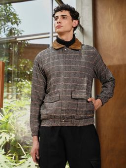 Campus Sutra - Men's Midnight Black and Cream White Chevron-Jacquard Sherpa-Lined Jacket