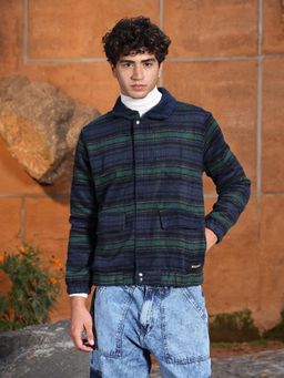 Campus Sutra - Men's Navy Blue and Emerald Green Striped-Jacquard Sherpa-Lined Jacket