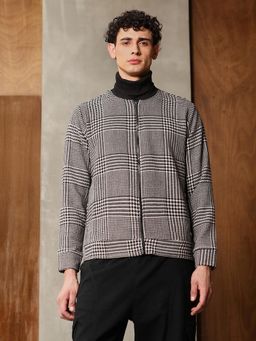 Campus Sutra - Men's Midnight Black and Cream White Zip-Front Houndstooth Jacket