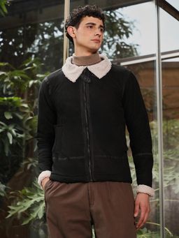 Campus Sutra - Men's Midnight Black Contrast Sherpa-Lined Suede Rider Jacket