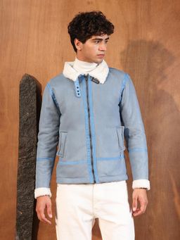 Campus Sutra - Men's Powder Blue Contrast Sherpa-Lined Suede Rider Jacket