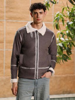 Campus Sutra - Men's Charcoal Brown Contrast Sherpa-Lined Suede Rider Jacket