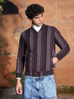 Campus Sutra - Men's Burgundy Striped Quilted Bomber Jacket