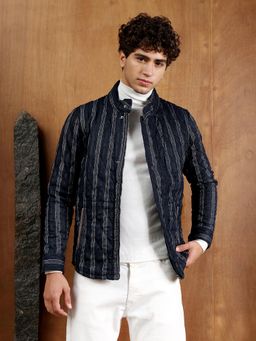 Campus Sutra - Men's Navy Blue Woven-Striped Quilted Jacket