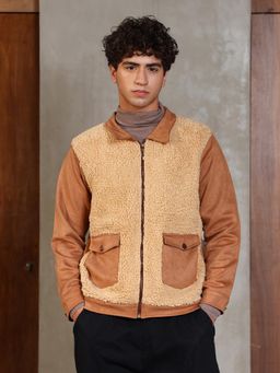 Campus Sutra - Men's Tan Brown Contrast Sherpa-Block Jacket