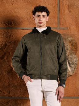 Campus Sutra - Men's Seaweed Green Contrast Sherpa-Lined Suede Bomber Jacket