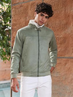 Campus Sutra - Men's Olive Green Contrast Sherpa-Lined Suede Bomber Jacket