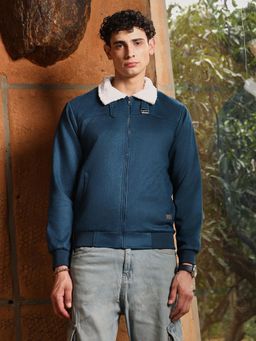 Campus Sutra - Men's Admiral Blue Contrast Sherpa-Lined Suede Bomber Jacket