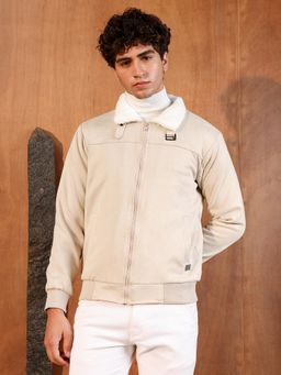 Campus Sutra - Men's Saltbox Beige Contrast Sherpa-Lined Suede Bomber Jacket