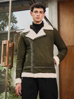 Campus Sutra - Men's Seaweed Green Contrast Sherpa-Lined Suede Biker Jacket