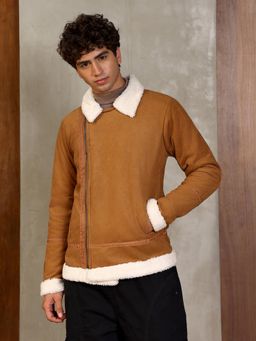 Campus Sutra - Men's Tan Brown Contrast Sherpa-Lined Suede Biker Jacket