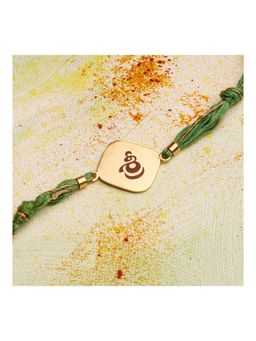 Suhani Pittie - Diagonal Telugu Shree Laser Rakhi with Scroll & Chandan Beads (22k Gold Plated)