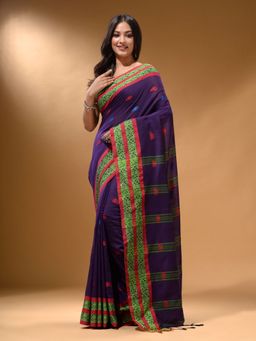 Arhi - Purple Cotton Handspun Soft Nakshi Border Saree with Unstitched Blouse