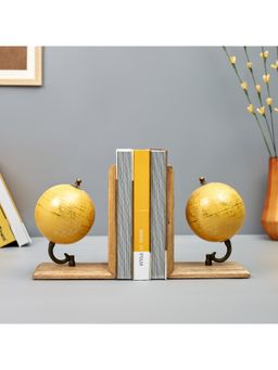HomeTown - Venice Wood And Metal Set Of 2 Bookend Globe 17X11X26 Cm Mustard