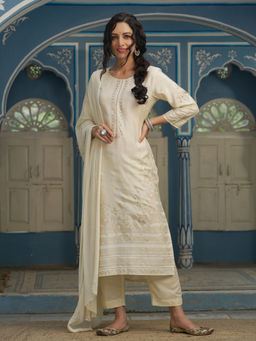 Juniper - Beige Ethnic Motif Printed Shantoon Kurta Pants & Chiffon Dupatta