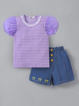 Hopscotch - Textured Blouse and Denim T-Shirt and Short