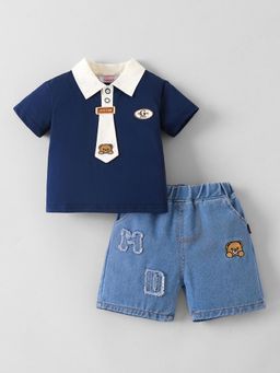 Hopscotch - Teddy Embroidered Denim T-Shirt and Short with Tie