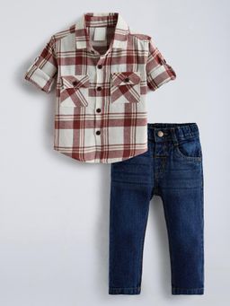 Hopscotch - Checkered Red Shirt and Denim Regular Shirt and Jeans