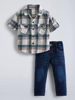 Hopscotch - Checkered Grey Shirt and Denim Regular Shirt and Jeans