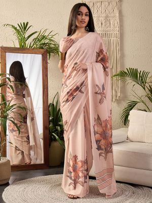 Women's Crepe Beige Printed Designer Saree With Blouse Piece
