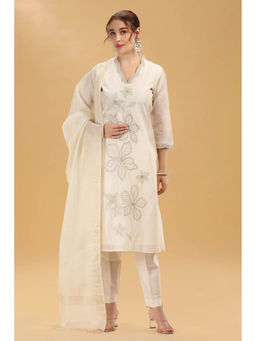 Cotton Culture - Cream Embroidered Chanderi Straight Kurta Pant and Dupatta