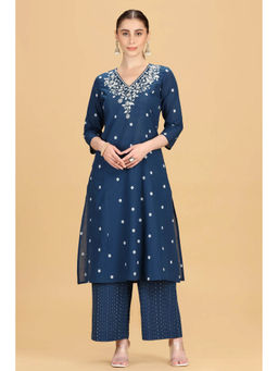 Cotton Culture - Indigo Blue Handloom Cotton Embroidered Straight Co-Ord Set