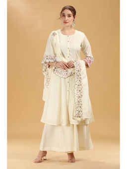 Cotton Culture - Off White Embroidered Cambric Cotton A-Line Kurta with Palazzo and Dupatta