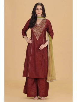 Cotton Culture - Maroon Roman Silk Embroidered A-Line Kurta Palazzo and Dupatta Suit Set