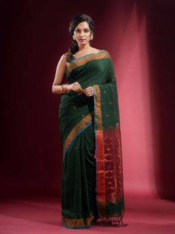 CHARUKRITI - Pine Green with Ethnic Motif and Zari Design Saree with Unstitched Blouse
