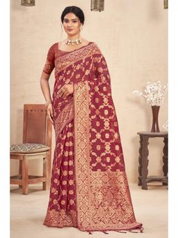 Sangam Prints - Red Cotton Woven Zari Work Traditional Tassel Saree with Unstitched Blouse
