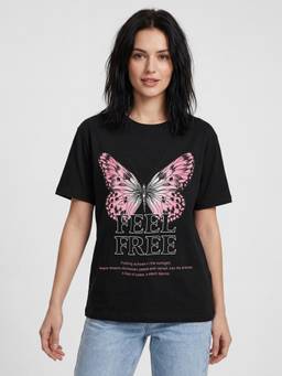 R&B - Black Graphic Print Women Round Neck Regular Fit Short Sleeves T-Shirt