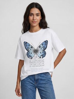 R&B - White Graphic Print Women Round Neck Regular Fit Short Sleeves T-Shirt