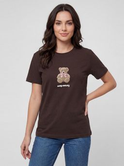 R&B - Coffee Brown Graphic Print Women Round Neck Regular Fit Short Sleeves T-Shirt