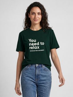 R&B - Green Typography Print Women Regular Fit Short Sleeves T-Shirt