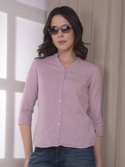 CRIMSOUNE CLUB - Womens Purple Mandarin Neck Cotton Shirt