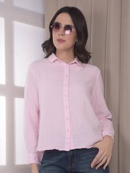 CRIMSOUNE CLUB - Womens Pink Textured Cotton Shirt