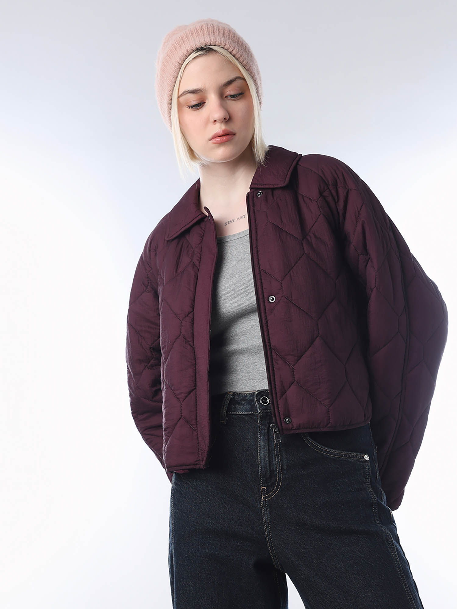 only Women's Self Design Regular Fit Maroon Puffer Jacket-picture-38