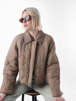 ONLY - Women's Self Design Regular Fit Beige Puffer Jacket
