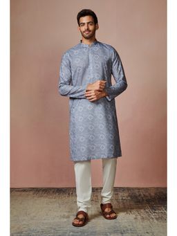 Manyavar - Grey Blended Cotton Mandarin Collar Kurta Only
