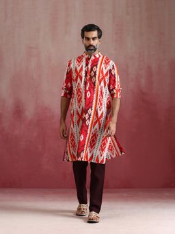 trueBrowns - Men's Maroon Ikat Kurta