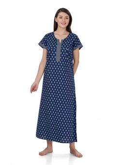 evolove - Navy Blue Printed Round Neck Half Sleeves Nightdress