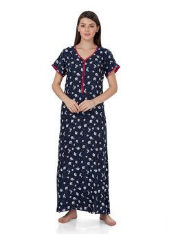 evolove - Navy Blue Printed V-Neck Half Sleeves Nightdress