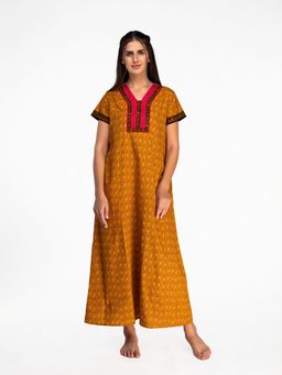 evolove - Mustard Printed V-Neck Half Sleeves Nightdress