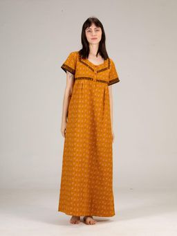 evolove - Yellow Printed Round Neck Half Sleeves Nightdress