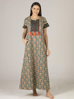 evolove - Teal Floral Round Neck Half Sleeves Nightdress