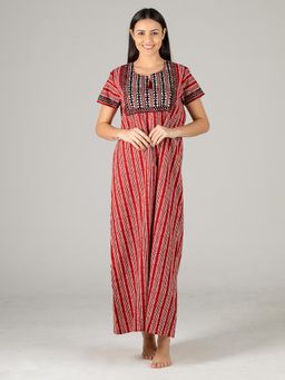 evolove - Red Printed Round Neck Half Sleeves Nightdress