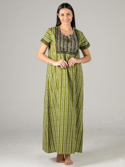 evolove - Olive Printed Round Neck Half Sleeves Nightdress