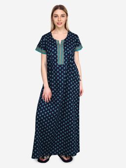 evolove - Turquoise Printed Round Neck Half Sleeves Nightdress