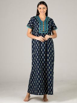 evolove - Blue Printed V-Neck Half Sleeves Nightdress